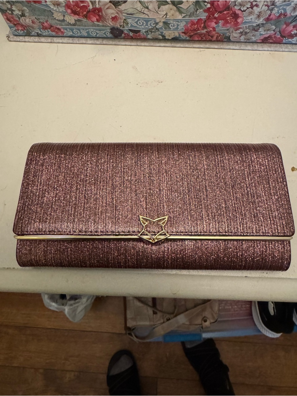 Fox Metallic Rose Gold Fold-Over Clutch with Fox Emblem